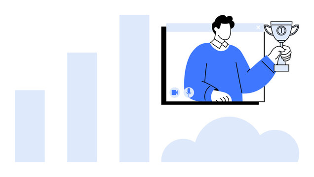 Male figure in virtual meeting holding trophy, representing success and recognition. Growth chart and cloud signify achievement, business progress, and digital technology. Ideal for business