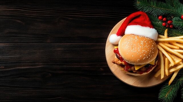 A delicious Christmas-themed fast food spread features a hamburger topped with cheese and a side of French fries, complemented by a chicken donning a Santa hat, all displayed on a wooden table