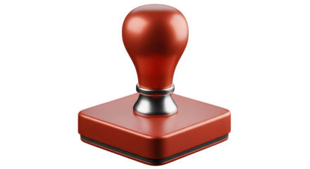 A vintage red wooden handled rubber stamp with a square base isolated on transparent background