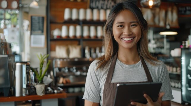 Female waitress, holding a tablet, smiling, setting is in a coffee shop