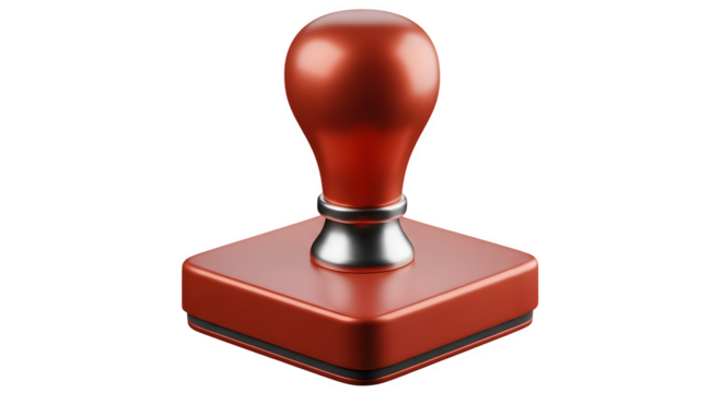 A vintage red wooden handled rubber stamp with a square base isolated on transparent background