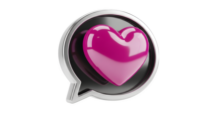 Glossy pink heart icon inside a speech bubble symbol isolated on transparent background