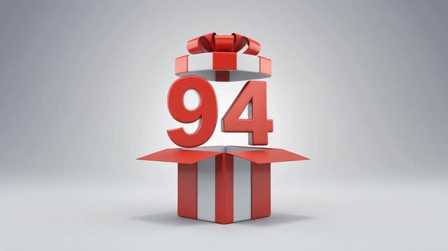 Nicely wrapped gift box popping open, the number 94 appears. Video for birthday or anniversary party