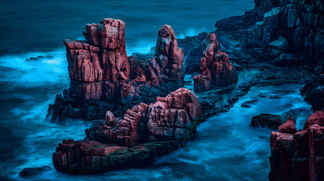 crashing. Ocean waves crashing against coastal rocks with long exposure motion. travel magazines, destination branding, designed for outdoor magazines and nature guides.