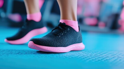Woman cycling on a workout bike focuses on her fitness routine in a gym setting. A man prepares on a dawn machine for a roller disk training session nearby