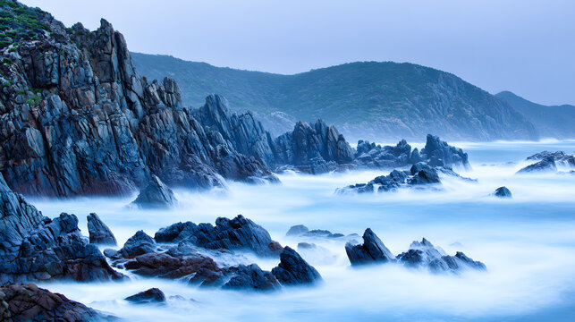 crashing. Ocean waves crashing against coastal rocks with long exposure motion. travel magazines, destination branding, designed for outdoor magazines and nature guides.