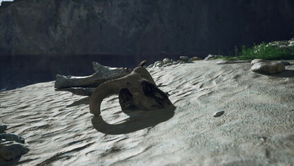 Fototapeta premium A weathered animal skull lies on the sandy beach, surrounded by stones and driftwood. The early morning light casts soft shadows, revealing the beauty of natures remains.