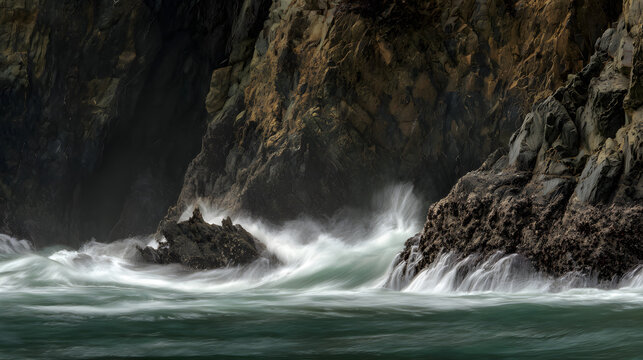 crashing. Ocean waves crashing against coastal rocks with long exposure motion. travel magazines, destination branding, designed for outdoor magazines and nature guides.