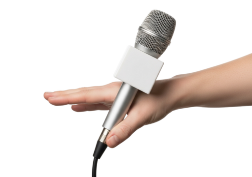 Hand holding silver microphone with blank white square logo plate isolated on a transparent background