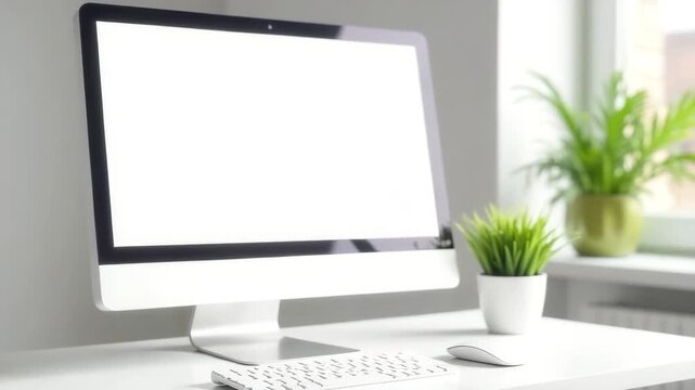 A modern desktop setup featuring a blank computer monitor, a white keyboard, and a small potted plant on a clean desk near a window.