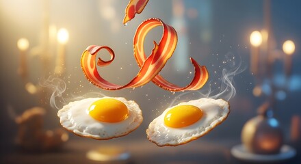 A whimsical breakfast scene featuring floating bacon strips and sunnysideup eggs, set against a blurred background with soft, warm lighting accents