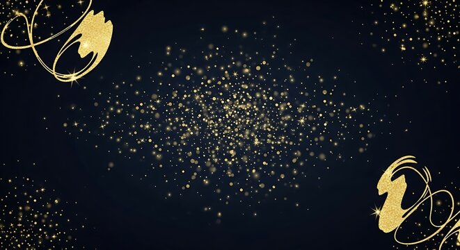 Elegant dark background with scattered gold glitter and swirling brush strokes