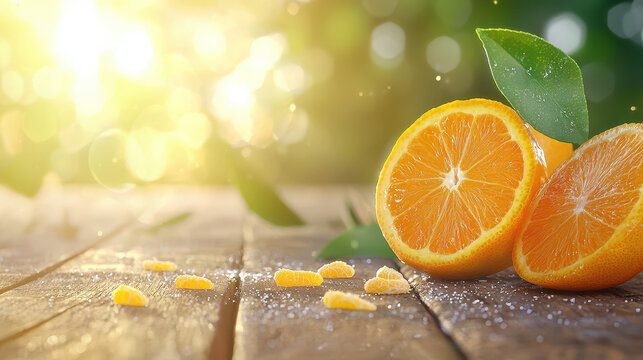 Fresh citrus fruit, vibrant orange slices, and bright green leaves create refreshing and uplifting atmosphere. sunlight enhances natural beauty