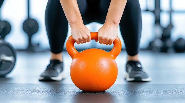 A woman focuses on lifting a bright kettlebell in a gym setting, with barbells and weights scattered on the ground. Her strong grip showcases dedication to fitness - Powered by Adobe