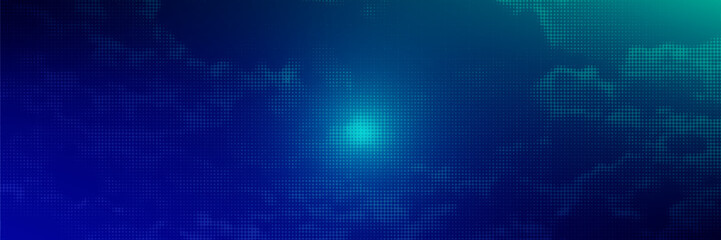 halftone with blue-green gradation, abstract background pattern, neon light reflecting walls and floors, dark colors, and feel the speed of digital technology connected with blue-green background.