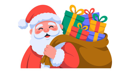 Santa Claus Delivering Christmas Gifts: An illustration of a cheerful Santa Claus with a jolly expression, carrying a sack full of colorful wrapped gift boxes.