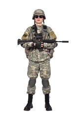 Fototapeta premium Man stands at full height in an American soldier's uniform holds a rifle