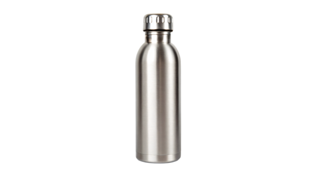 Empty  stainless steel bottle container, isolated on white background, a drink object for liquid beverage