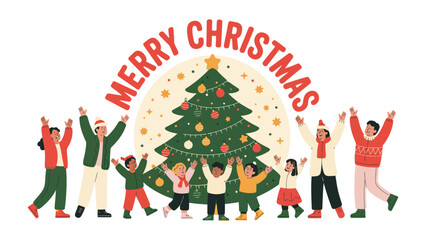 Christmas cheer: A collection of figures happily extend their arms in joyous celebration, as a central festive tree adorns the scene.