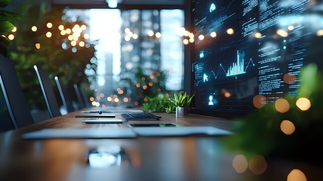 Modern office workspace with laptops on wooden table, digital screens displaying data analytics, and decorative plants creating professional atmosphere with bokeh light effects.