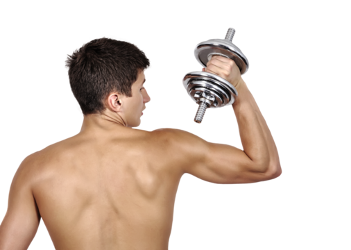 A young man stands with his back to the ground with a bare torso and holds a dumbbell in his hands.