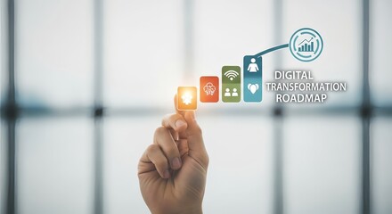 Hand touching digital transformation roadmap icons against blurred window background