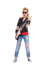 A rocker girl in a leather jacket expressively plays the guitar