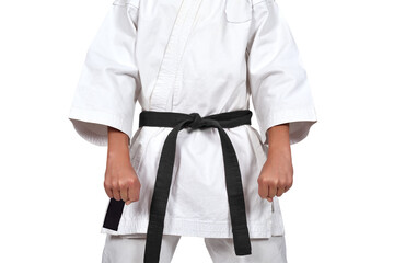 A karate guy in a white kimono and a black belt got ready to do Kata. Strength, endurance, and martial arts concept