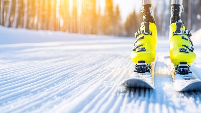 Close-up view of ski boots on snow as a cross-country skier moves gracefully under the sun. The snowy forest blurs in the background, creating a serene wintry atmosphere