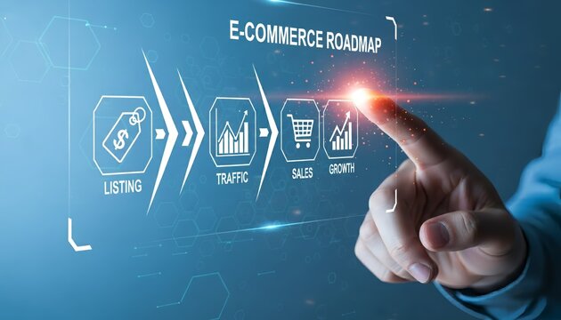 A hand interacting with e commerce roadmap display showing listing traffic sales growth