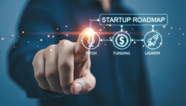 Person pointing at startup roadmap with pitch funding and launch on a blue background