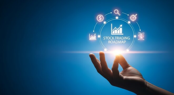 Hand holding stock trading roadmap with icons on a blue gradient background image