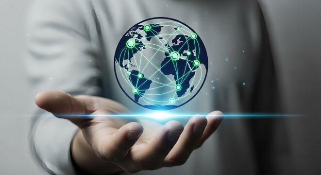 Person holding a globe with connected dots and lines in their hand with blue light