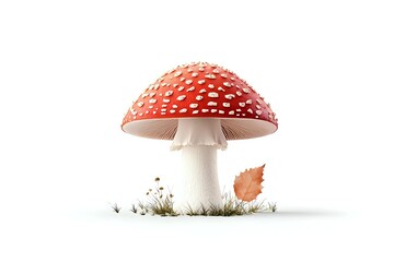 Vibrant red fly agaric mushroom with white spots isolated on white background, growing in grass with autumn leaf for seasonal nature designs.