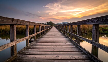 Obraz premium Wooden bridge extends over calm water and marshland towards distant hills under a vibrant sunset sky. Captured perspective leads the eye
