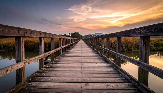 Wooden bridge extends over calm water and marshland towards distant hills under a vibrant sunset sky. Captured perspective leads the eye