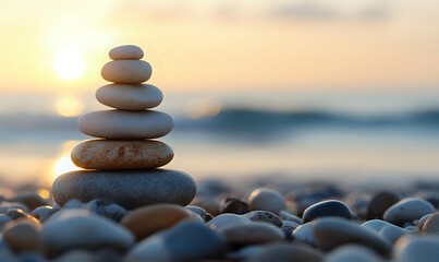 Balanced stone stack on beach at sunset with blurred ocean background creating zen atmosphere for wellness and meditation.