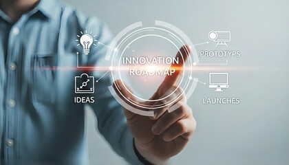 Man touching innovation roadmap interface with ideas prototypes and launches icons