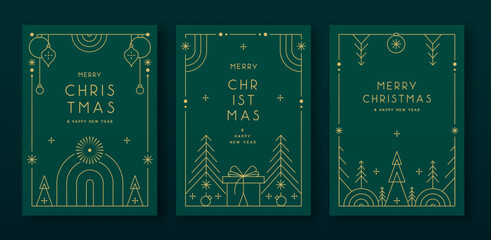 Set of modern Christmas frames or holiday greeting cards on emerald green background. Line art vector illustration
