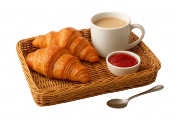 Delicious breakfast with croissants, coffee, and jam on wicker tray