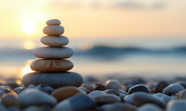 Balanced stone stack on beach at sunset with blurred ocean background creating zen atmosphere for wellness and meditation. - Powered by Adobe