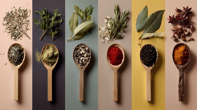 Aromatic herbs and spices collection with wooden spoons displaying colorful seasonings below corresponding fresh ingredients on multicolored background. - Powered by Adobe
