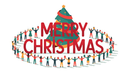 Obraz premium Festive Circle of Joy: A joyful, illustrated scene of unity, celebrating the season's warmth and togetherness. Featuring a vibrant Christmas tree at its heart and a circular embrace of figures. 
