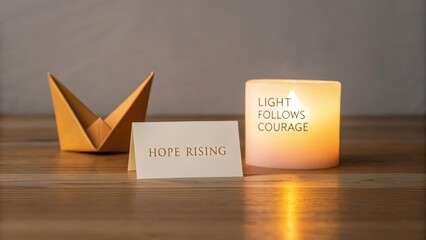 Close up view of a glowing candle with the phrase Light Follows Courage beside a Hope Rising card and an origami paper crane