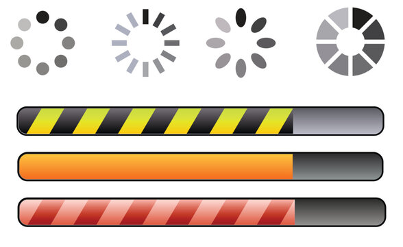 Loading bars and spinners a collection of progress indicators, including circular spinners and horizontal bars, showcasing different styles and completion states for web and app design