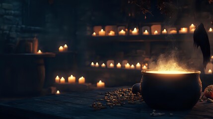 Mystical cauldron with glowing contents surrounded by flickering candles in dark atmospheric setting, creating magical ambiance for fantasy or Halloween themes.