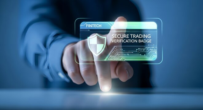 Finger touching fintech secure trading verification badge on a digital interface - Powered by Adobe