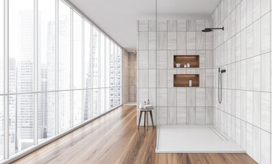 Obraz premium Panoramic shower room with grey beige tiling