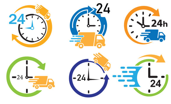 24hour delivery service icons a set of colorful symbols representing fast and reliable shipping, available around the clock for customer convenience