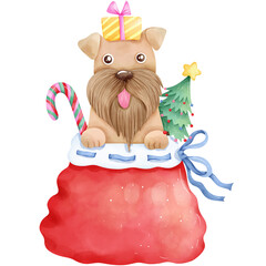 Christmas themed dog cartoon, hand drawn watercolor.